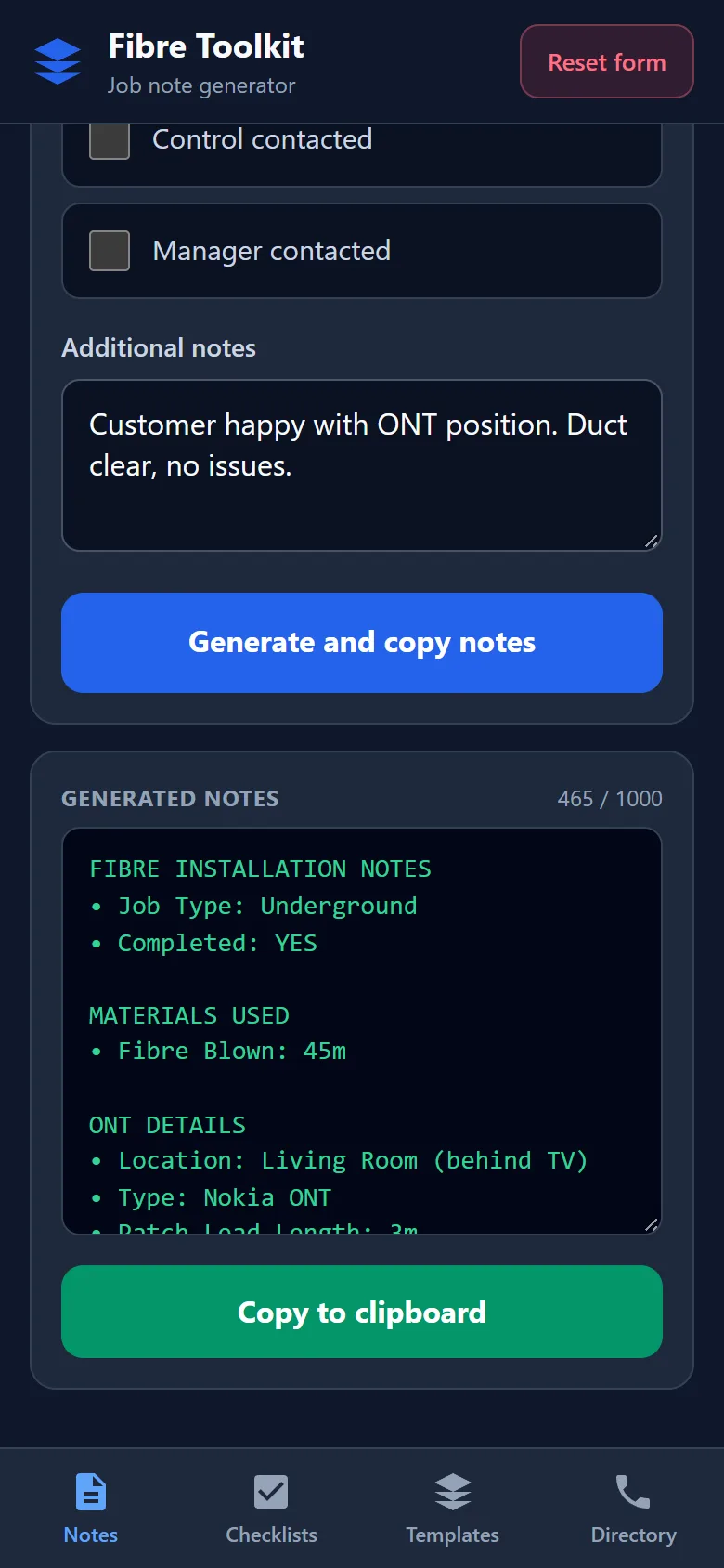 Generated fibre installation notes with a Copy to Clipboard button