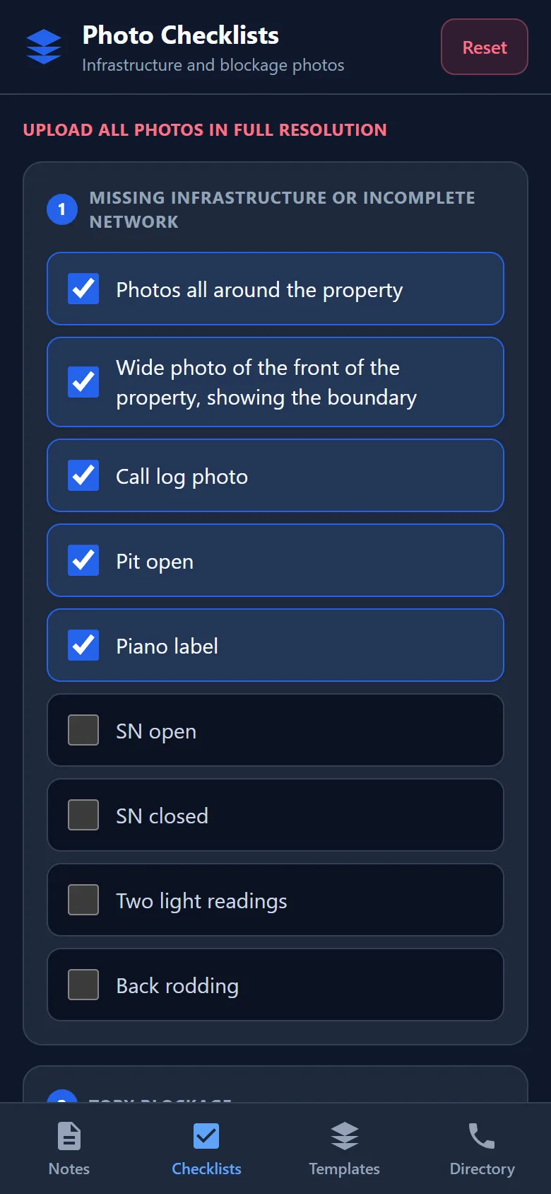 Missing infrastructure photo checklist with some items ticked