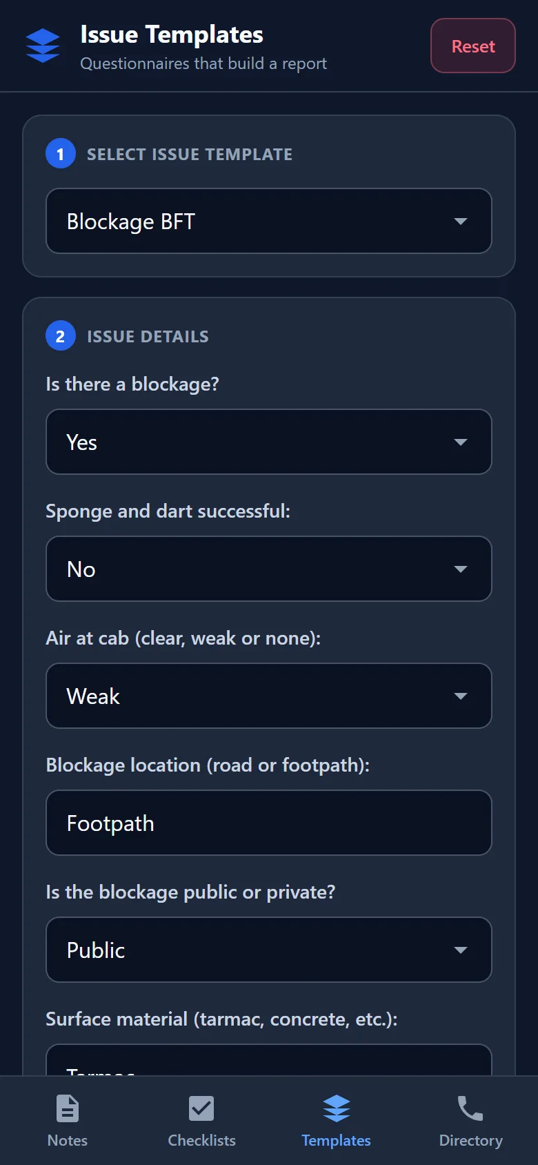 Blockage BFT issue template partly filled in